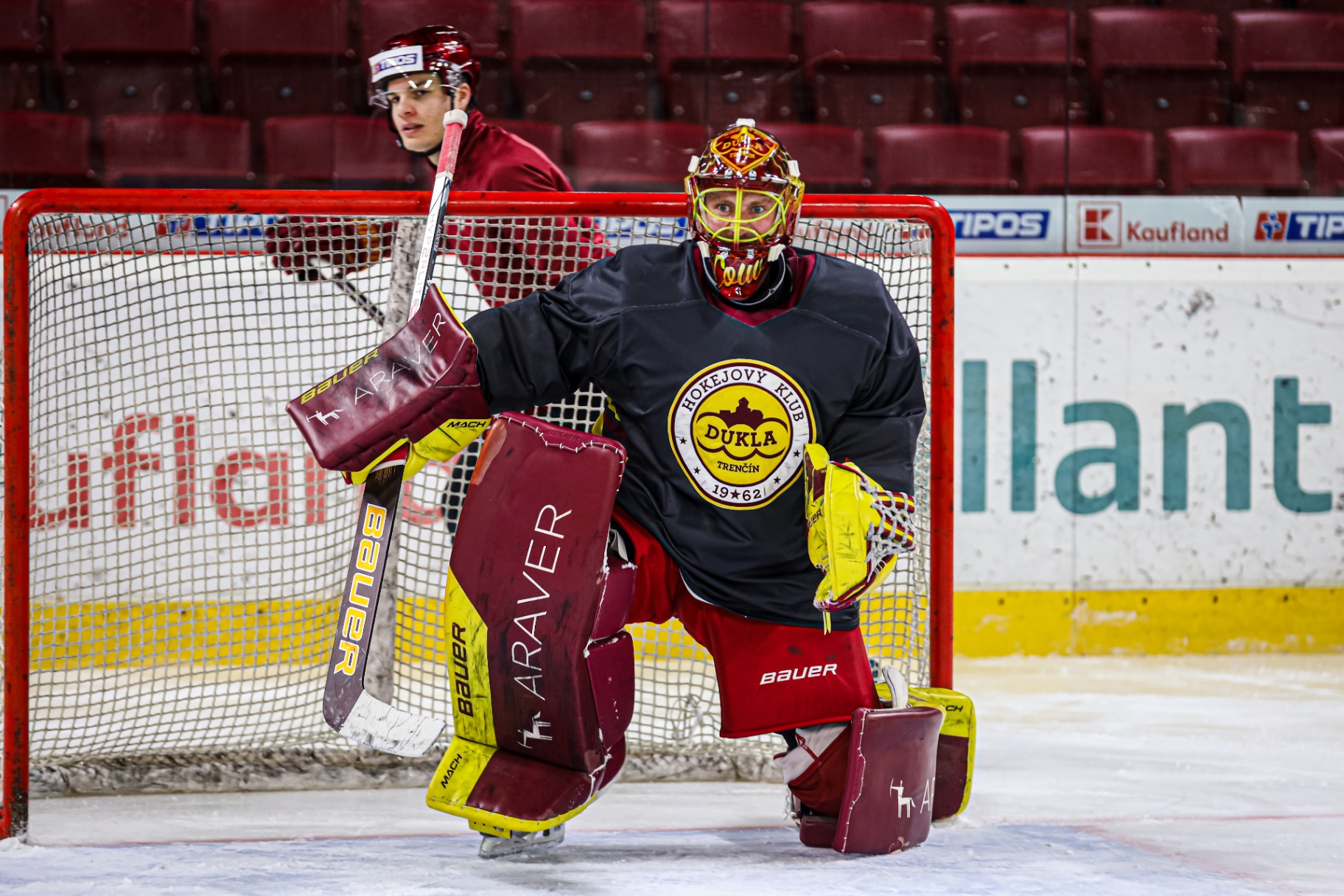 Goalie ready stance in the crease